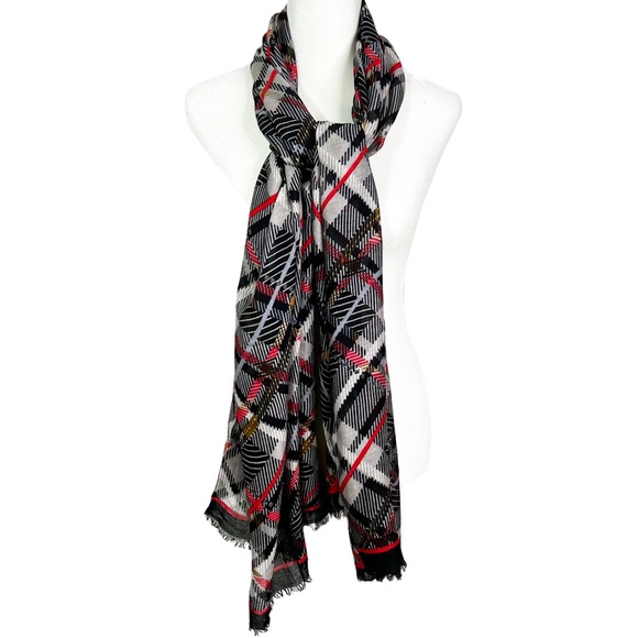 Vera Bradley Soft Fringe Scarf in Sofia Plaid Black Red 74”x25.5” - Picture 2 of 12